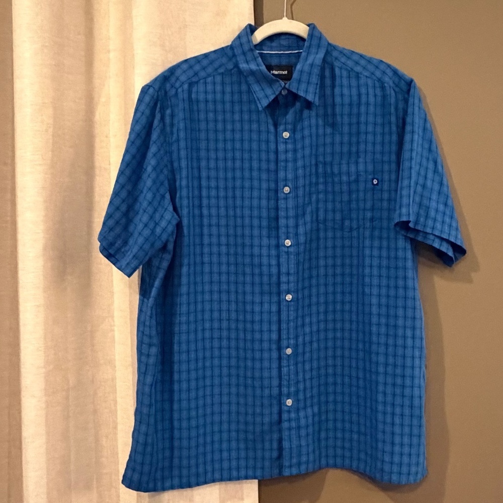 Marmot Men's Blue Plaid Short Sleeve Button Down Outdoor Shirt, Size XL